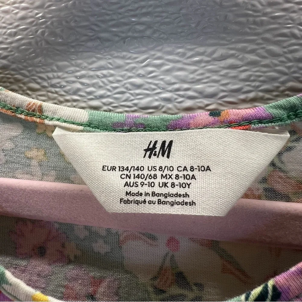 H&M Girls Floral Butterfly Print Dress Size 8-10Y Green‎ Spring Summer Cotton